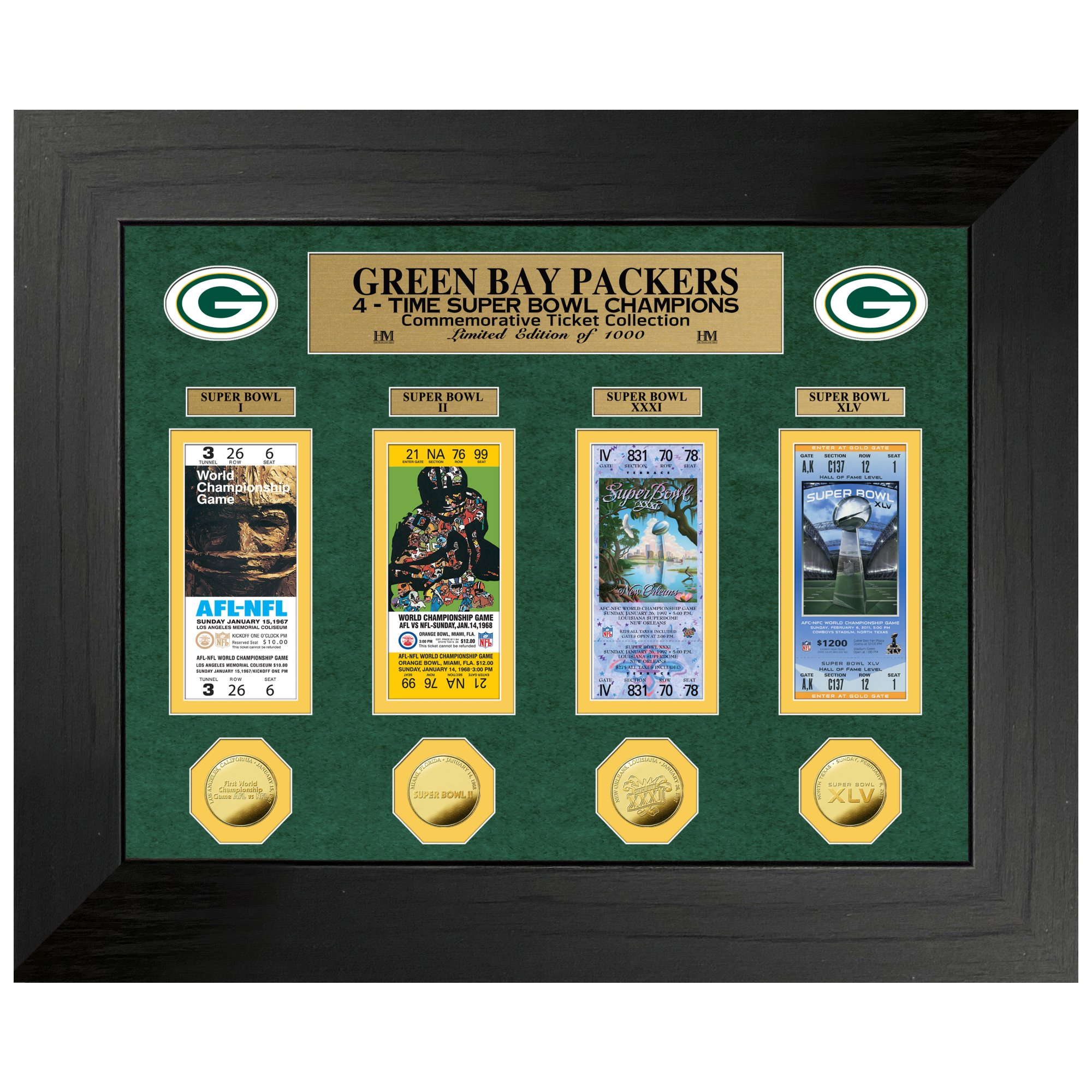 GREEN BAY PACKERS SUPER BOWL CHAMPIONS DELUXE GOLD COIN TICKET COLLECTION